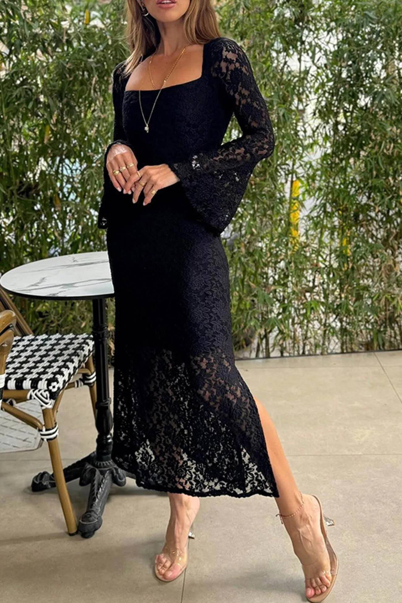 Lace Long Sleeve Slit Dress