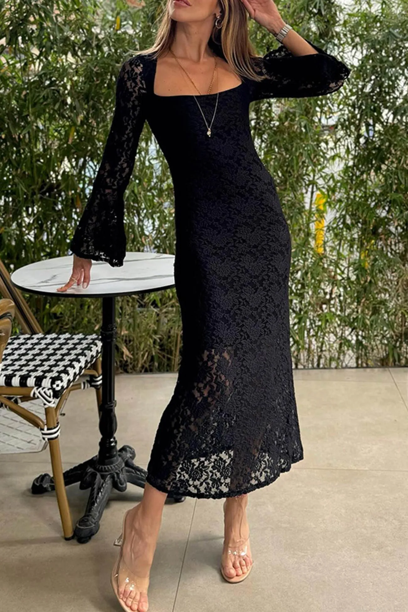 Lace Long Sleeve Slit Dress