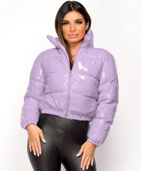 Lilac High Shine Vinyl Cropped Puffer Jacket