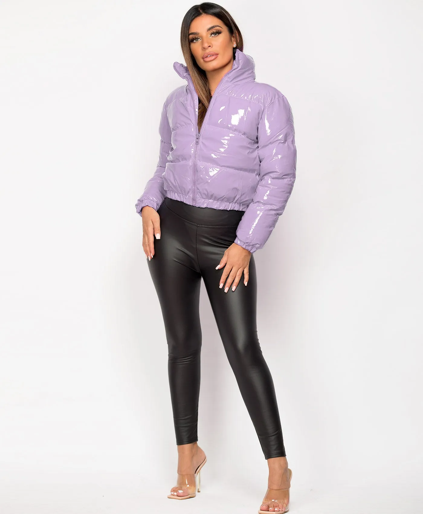 Lilac High Shine Vinyl Cropped Puffer Jacket