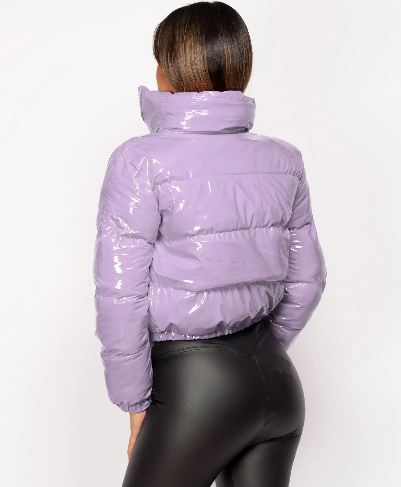 Lilac High Shine Vinyl Cropped Puffer Jacket