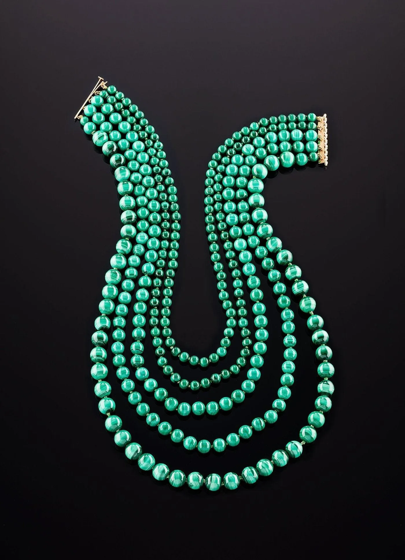 14K Yellow Gold Malachite Five Strand Necklace