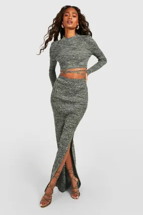 Marl Knit Wrap Crop Sweater And Skirt Set with Thigh Split