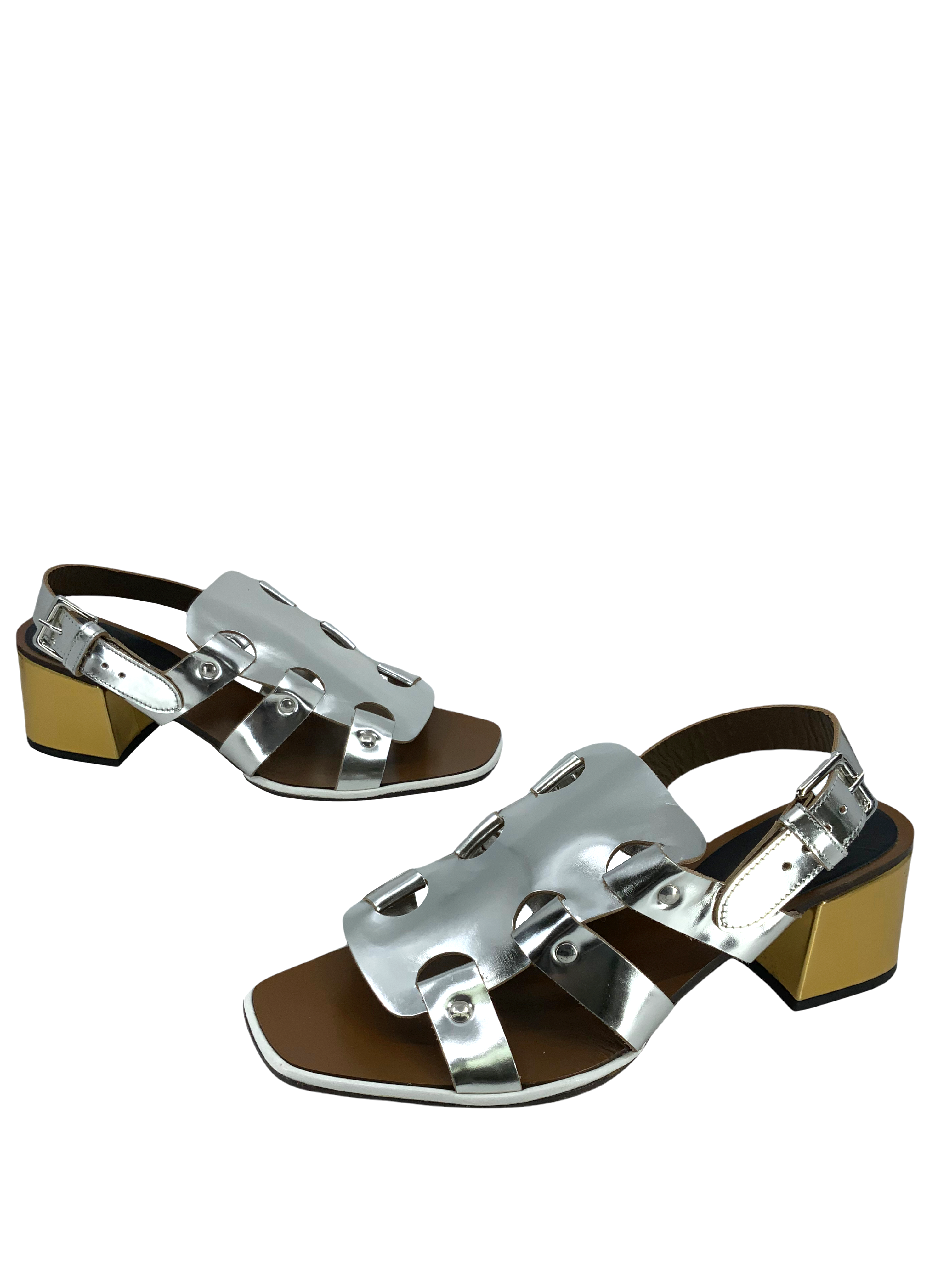 MARNI Metallic Gladiator Sandals, Leather, Size 8.5