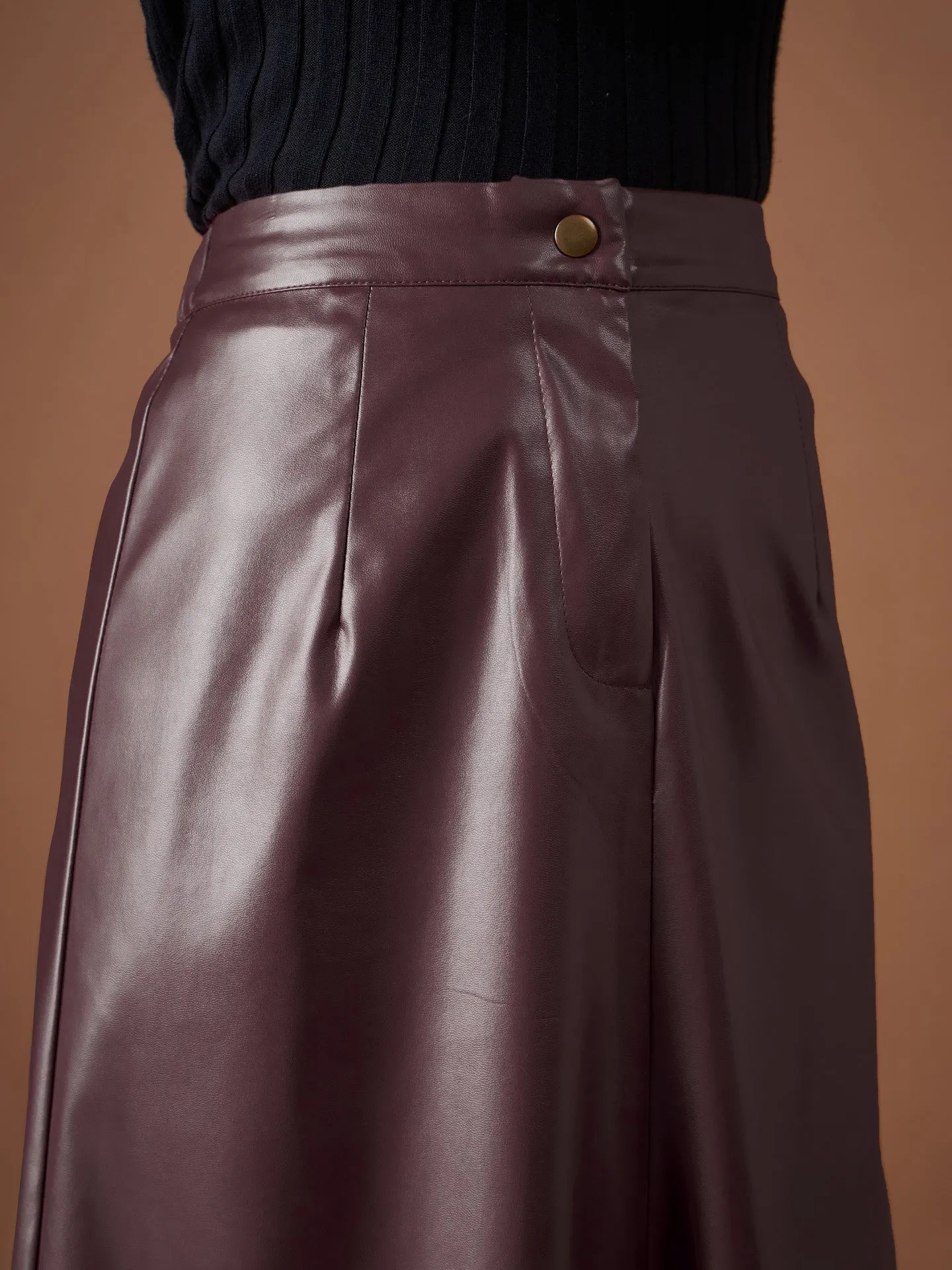 Maroon PU A-Line Skirt for Women Below Knee