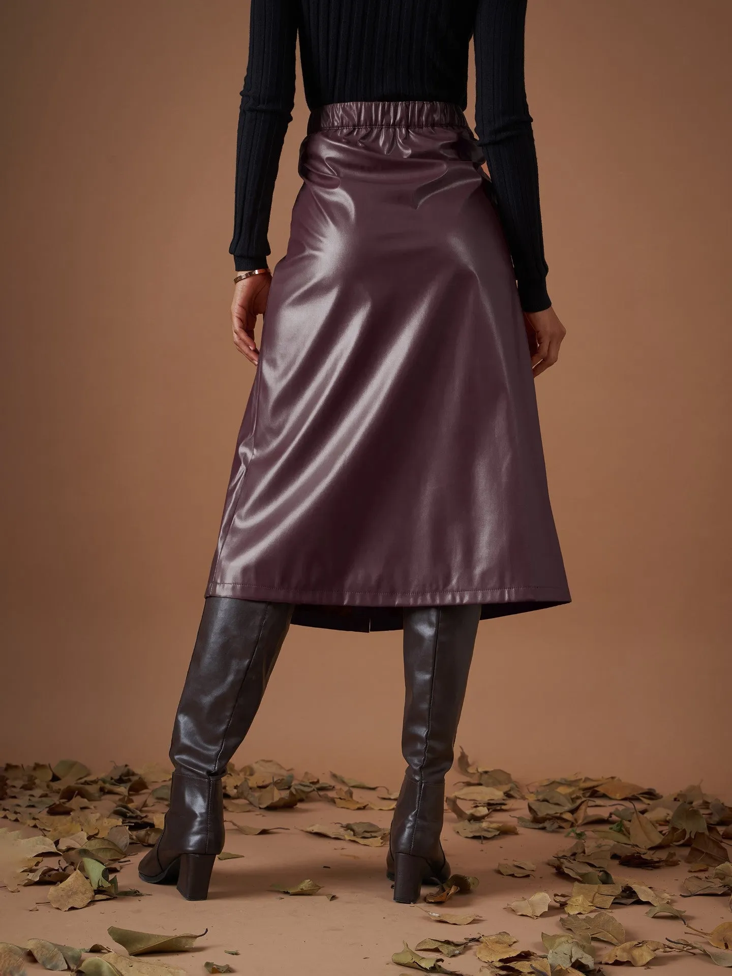 Maroon PU A-Line Skirt for Women Below Knee