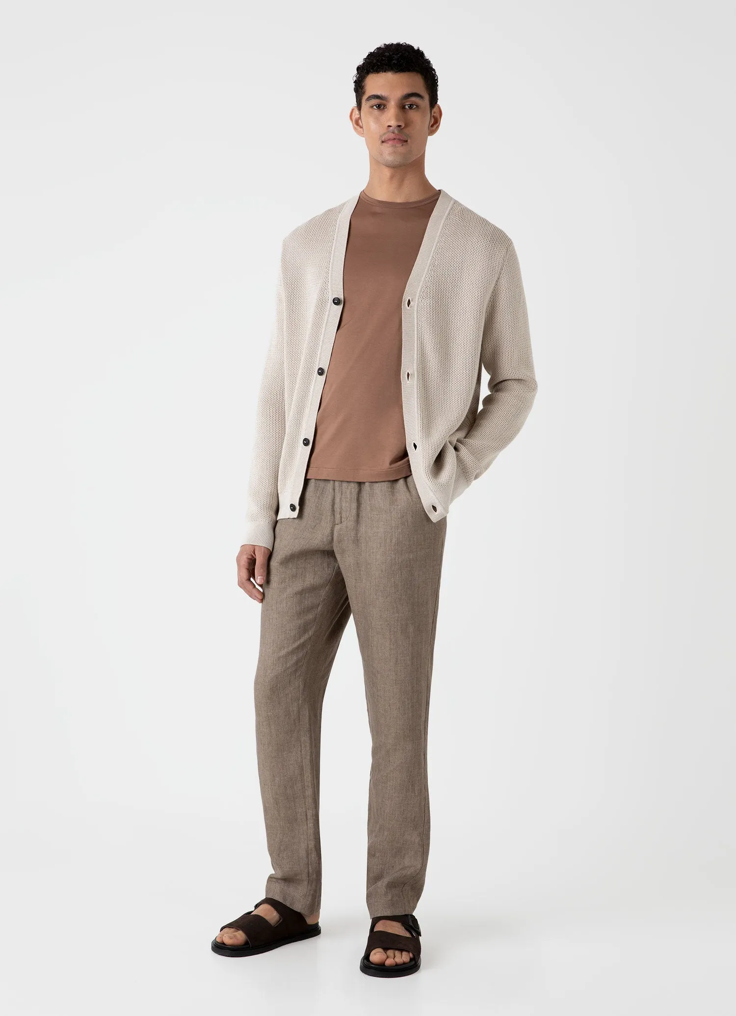 Dark Sand Linen Drawstring Trousers for Men