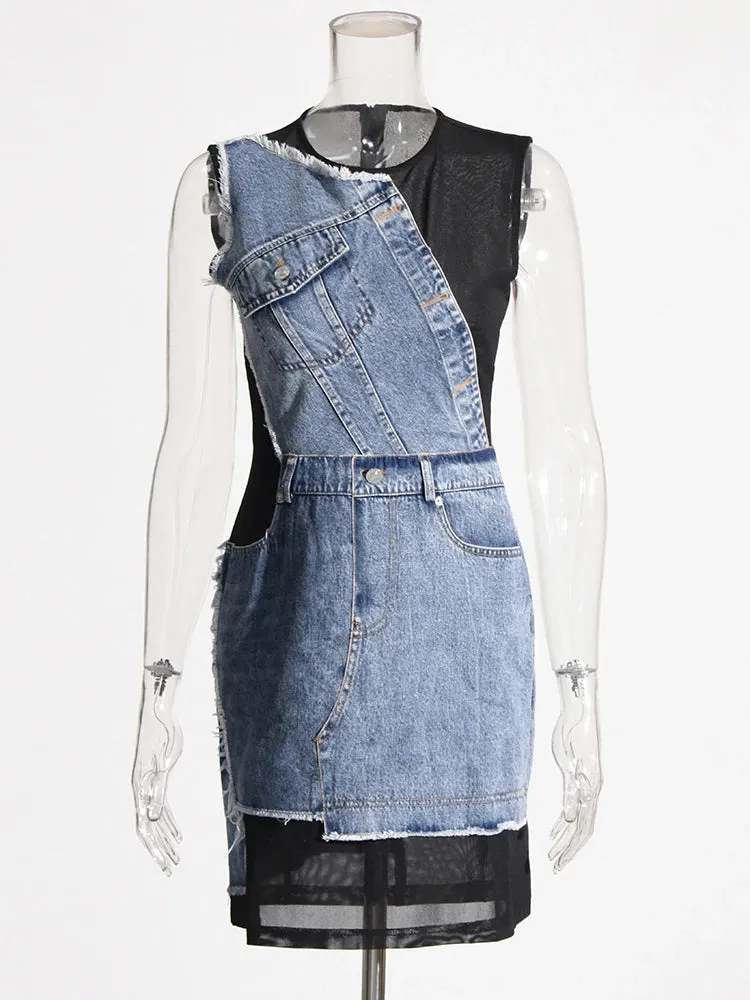 Mini Denim Patchwork with Mesh Detail