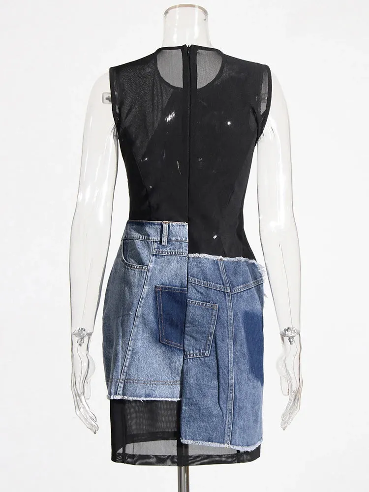 Mini Denim Patchwork with Mesh Detail