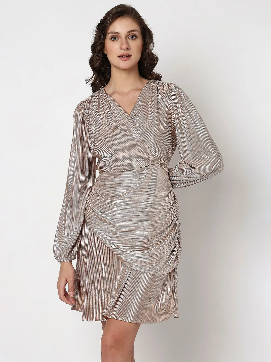 Metallic Pink Fit & Flare Plisse Dress for Ladies