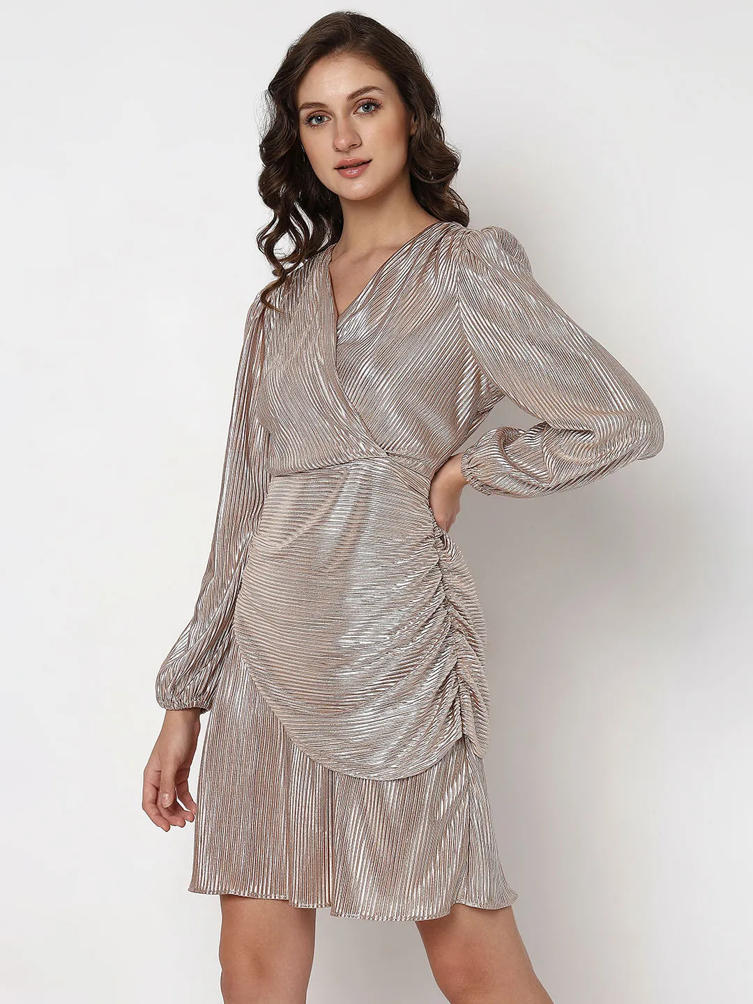 Metallic Pink Fit & Flare Plisse Dress for Ladies