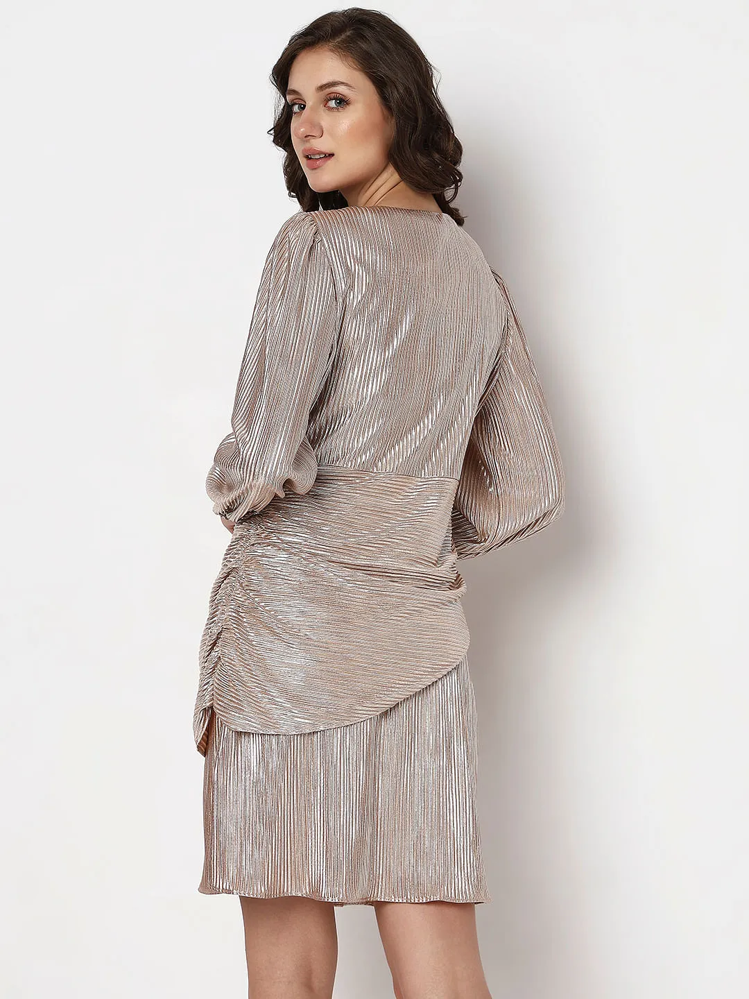 Metallic Pink Fit & Flare Plisse Dress for Ladies