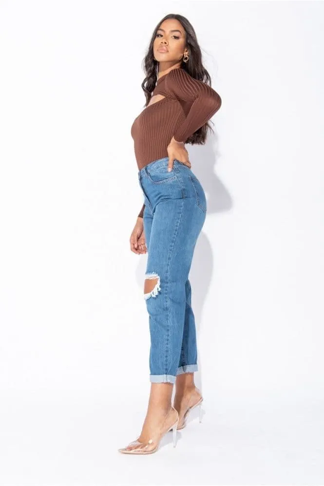 Boyfriend Jean with Turn Up Hem in Mid Blue Distressed