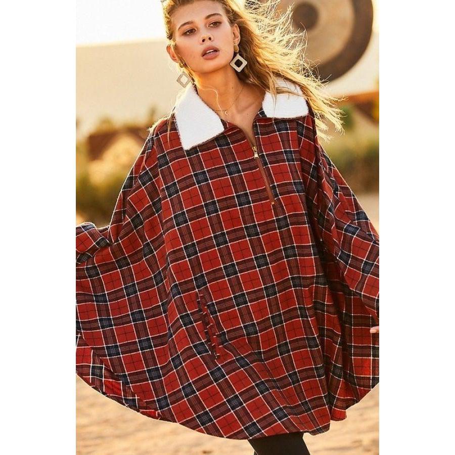 Mock Neck Poncho with Zipper, Contrast Inside Front Pocket, Plaid Design