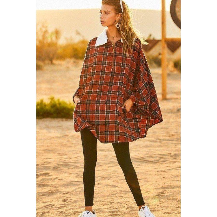 Mock Neck Poncho with Zipper, Contrast Inside Front Pocket, Plaid Design