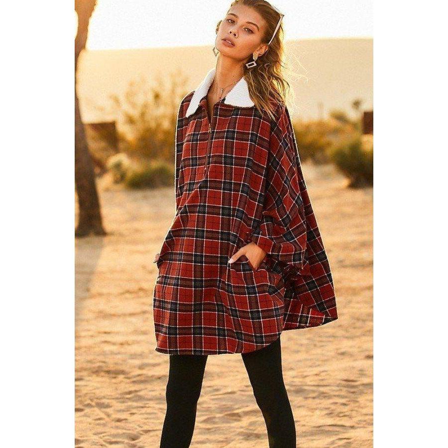 Mock Neck Poncho with Zipper, Contrast Inside Front Pocket, Plaid Design