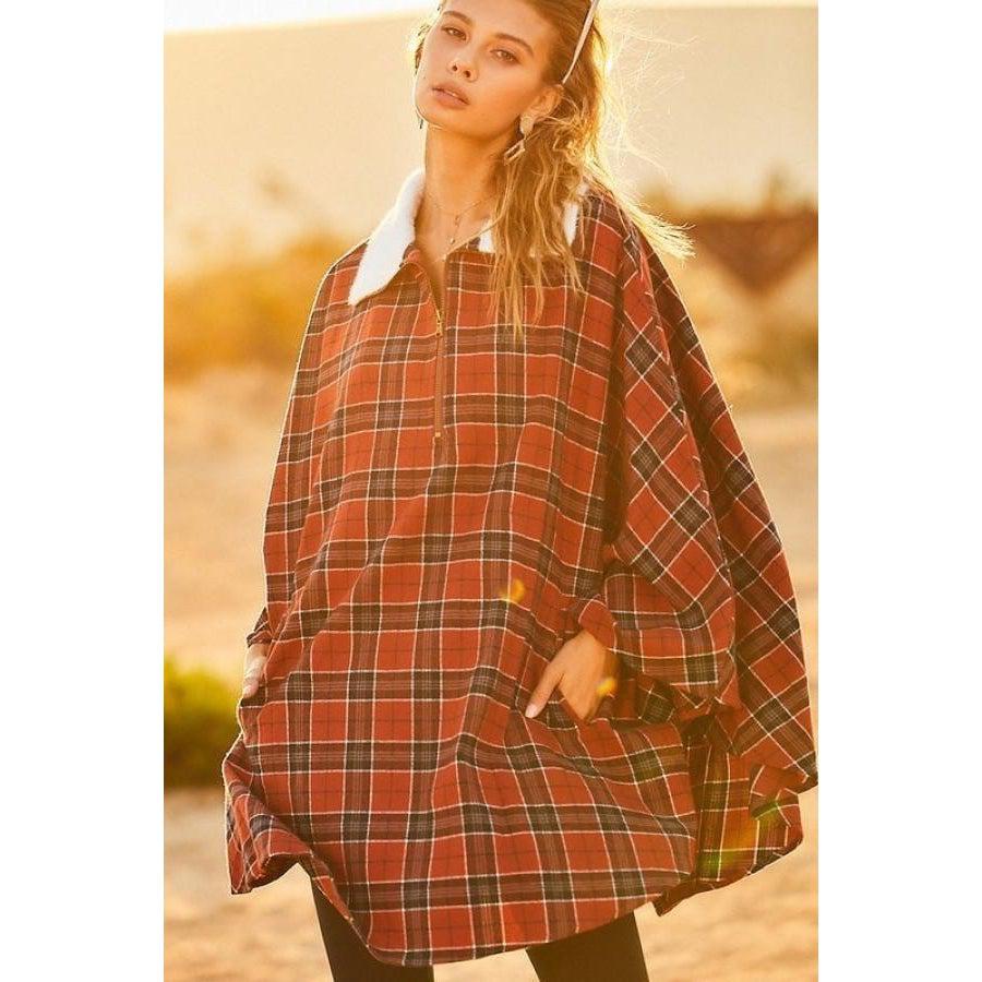 Mock Neck Poncho with Zipper, Contrast Inside Front Pocket, Plaid Design