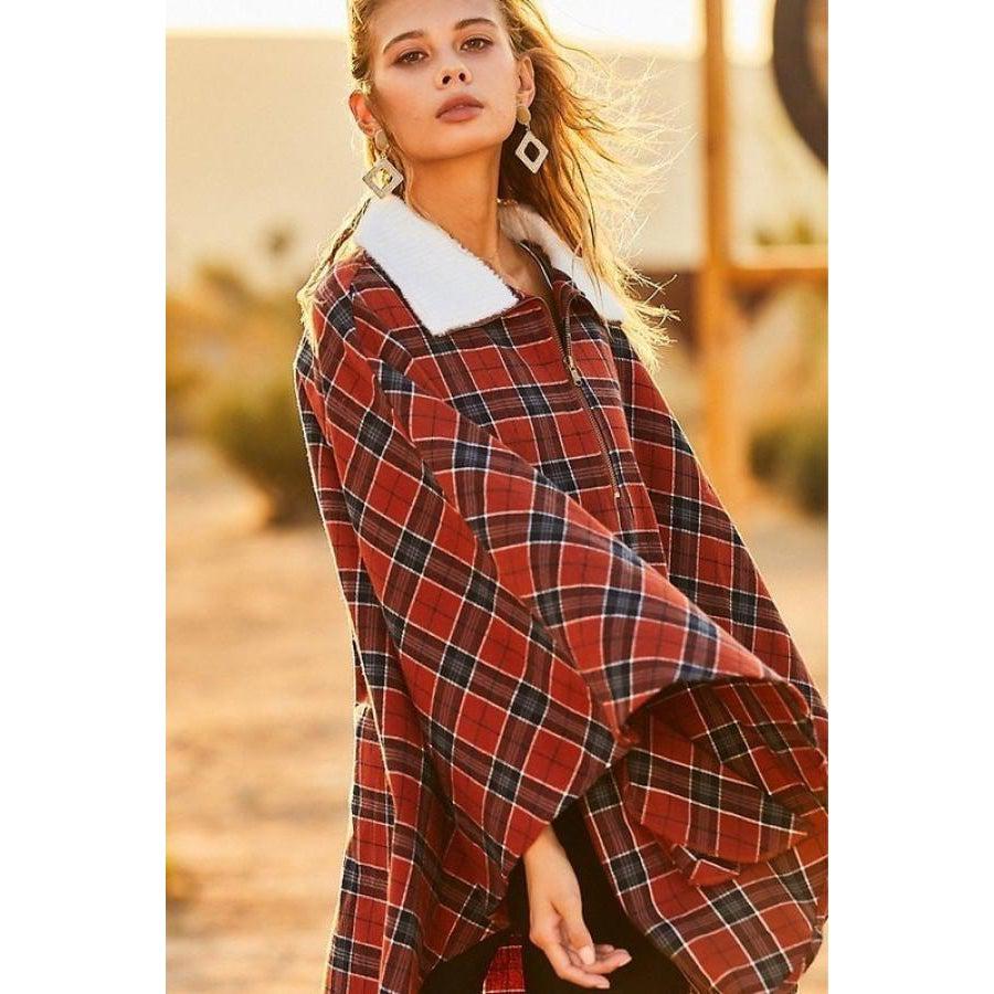 Mock Neck Poncho with Zipper, Contrast Inside Front Pocket, Plaid Design