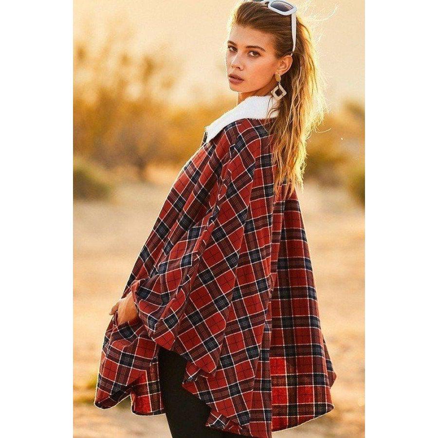 Mock Neck Poncho with Zipper, Contrast Inside Front Pocket, Plaid Design