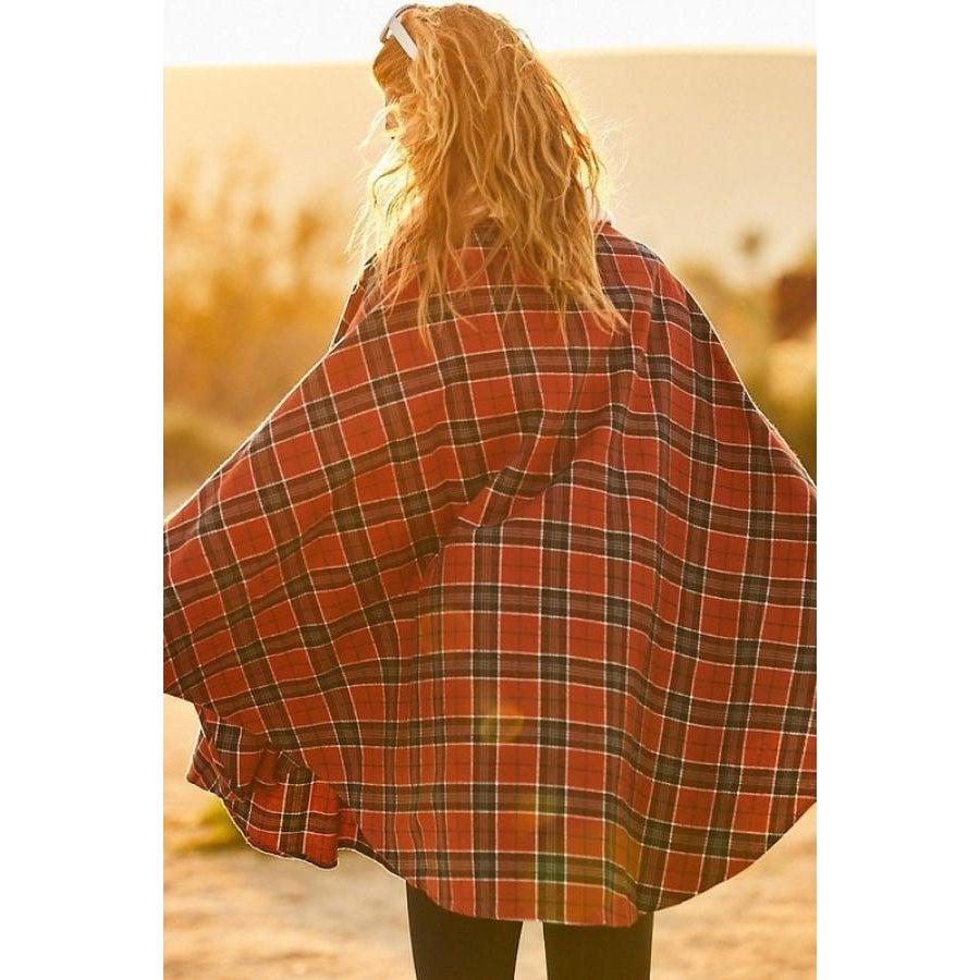 Mock Neck Poncho with Zipper, Contrast Inside Front Pocket, Plaid Design