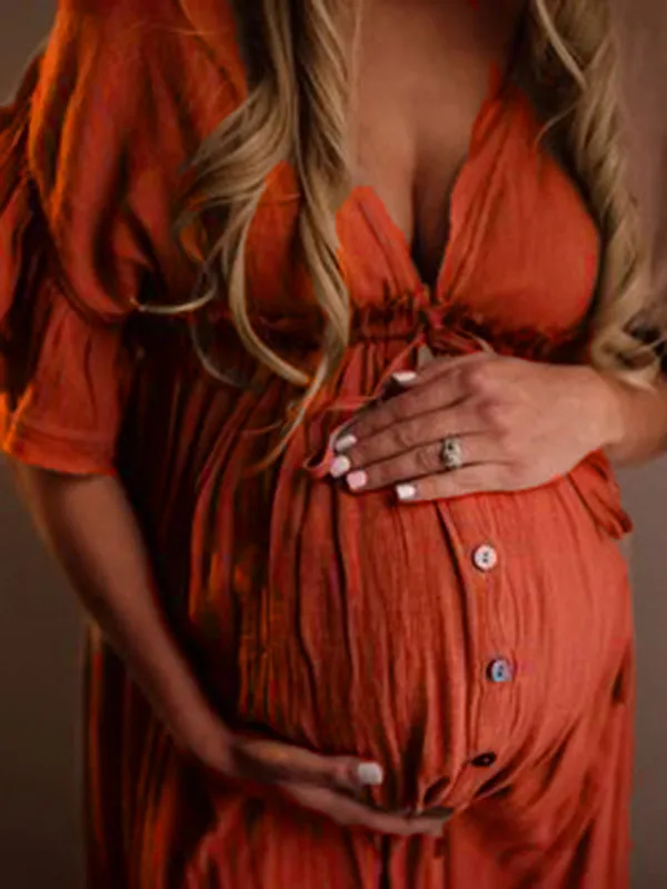 Maternity Photoshoot Maxi Dress with Red Drawstring and Ruffle Details