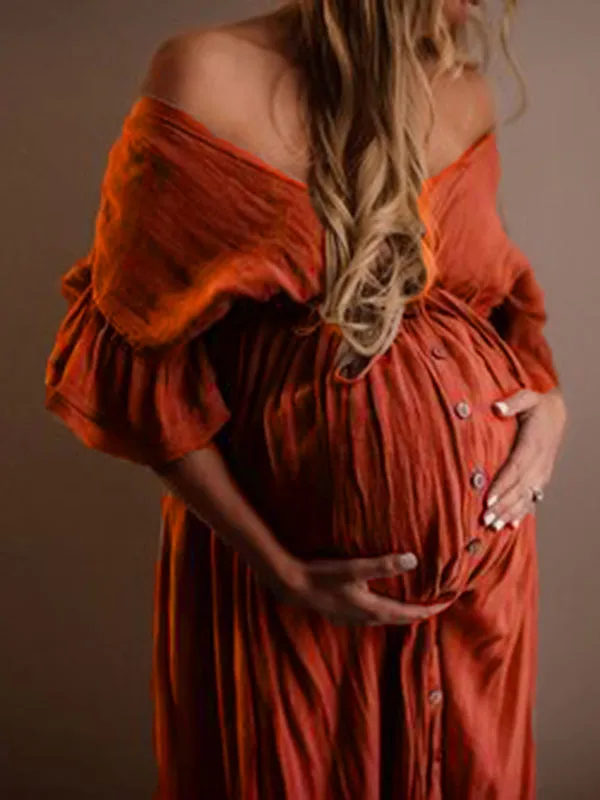 Maternity Photoshoot Maxi Dress with Red Drawstring and Ruffle Details