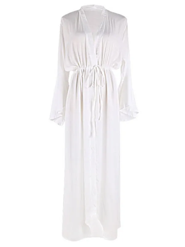 White Drawstring Maternity Maxi Dress with V-Neck and Flare Sleeves