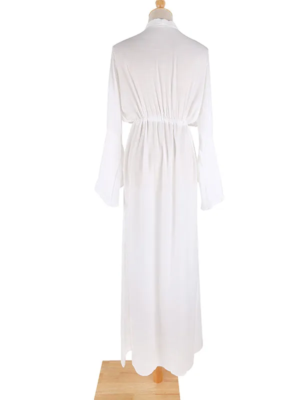 White Drawstring Maternity Maxi Dress with V-Neck and Flare Sleeves