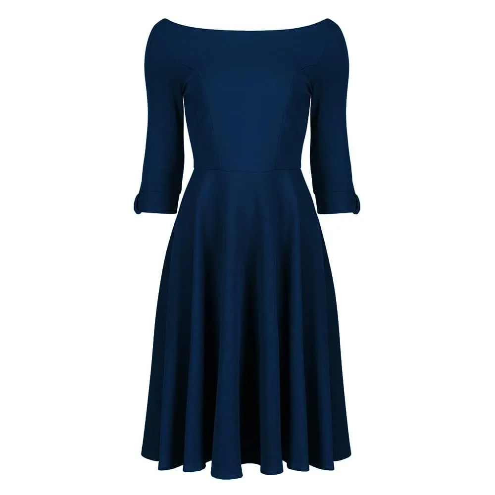 Navy Blue Vintage Bardot Fit And Flare Midi Dress