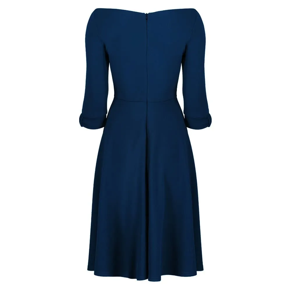 Navy Blue Vintage Bardot Fit And Flare Midi Dress