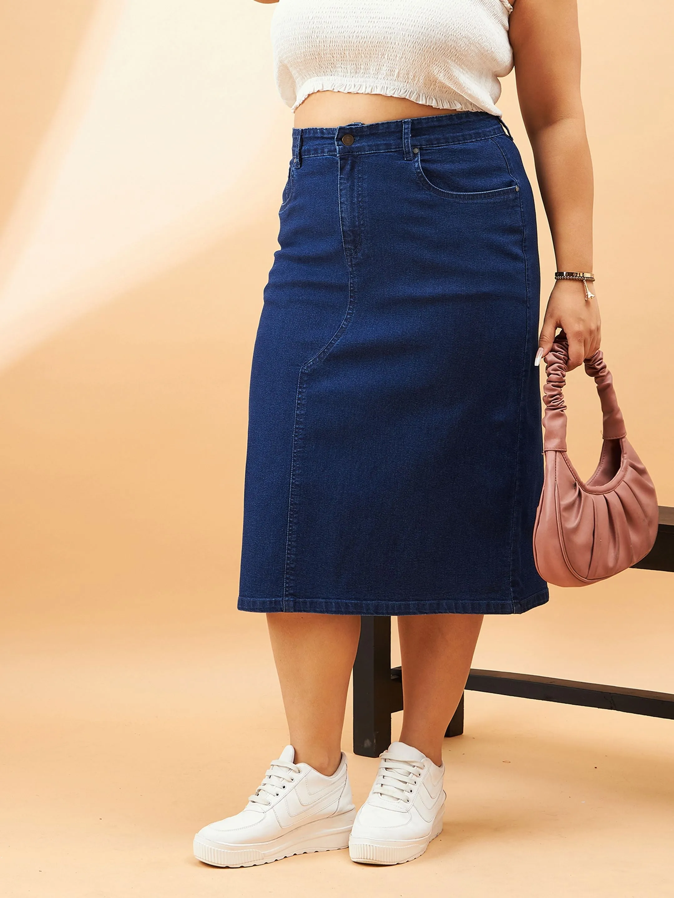 Navy Denim Acid Wash A-Line Skirt for Women