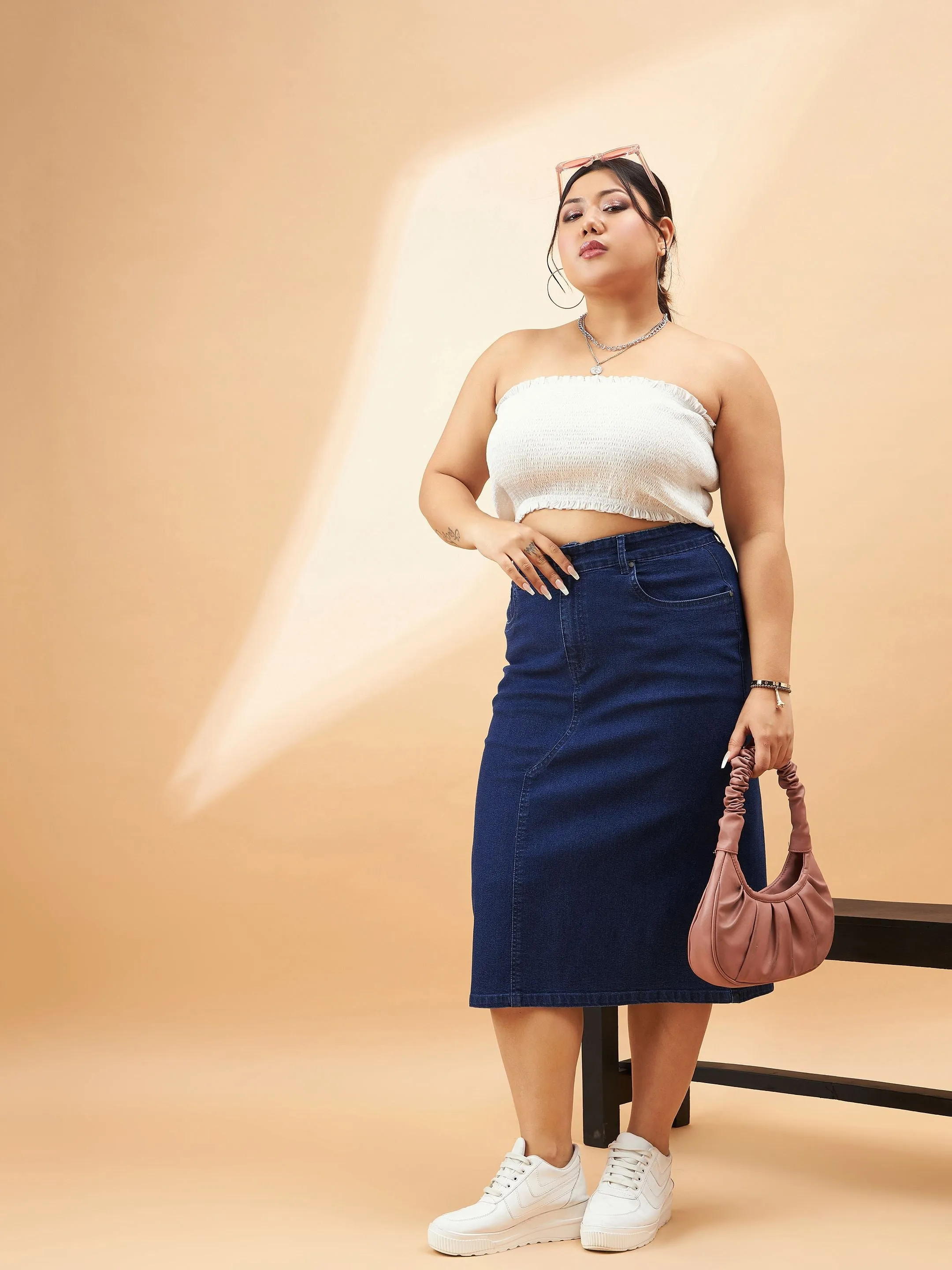 Navy Denim Acid Wash A-Line Skirt for Women