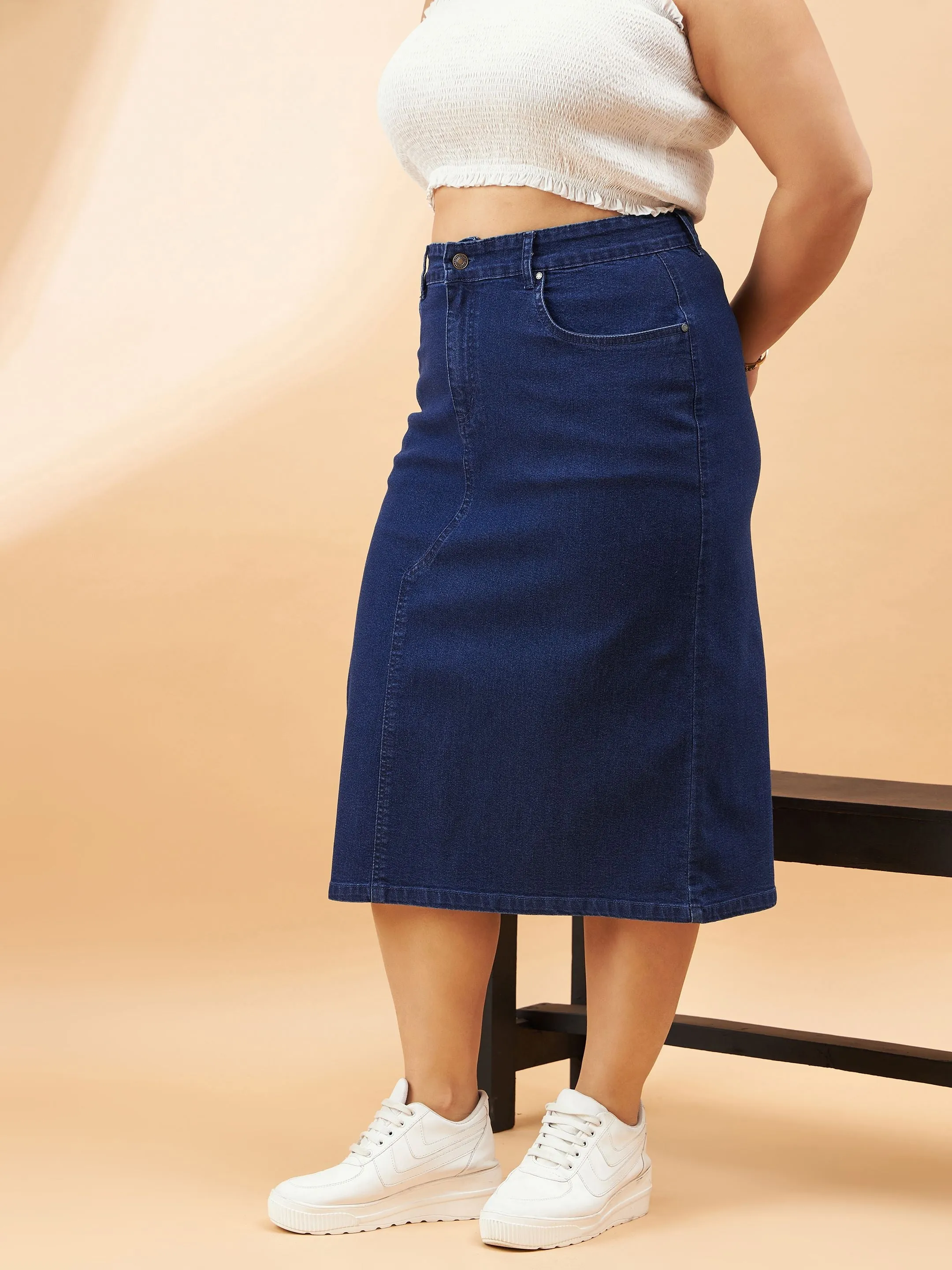 Navy Denim Acid Wash A-Line Skirt for Women