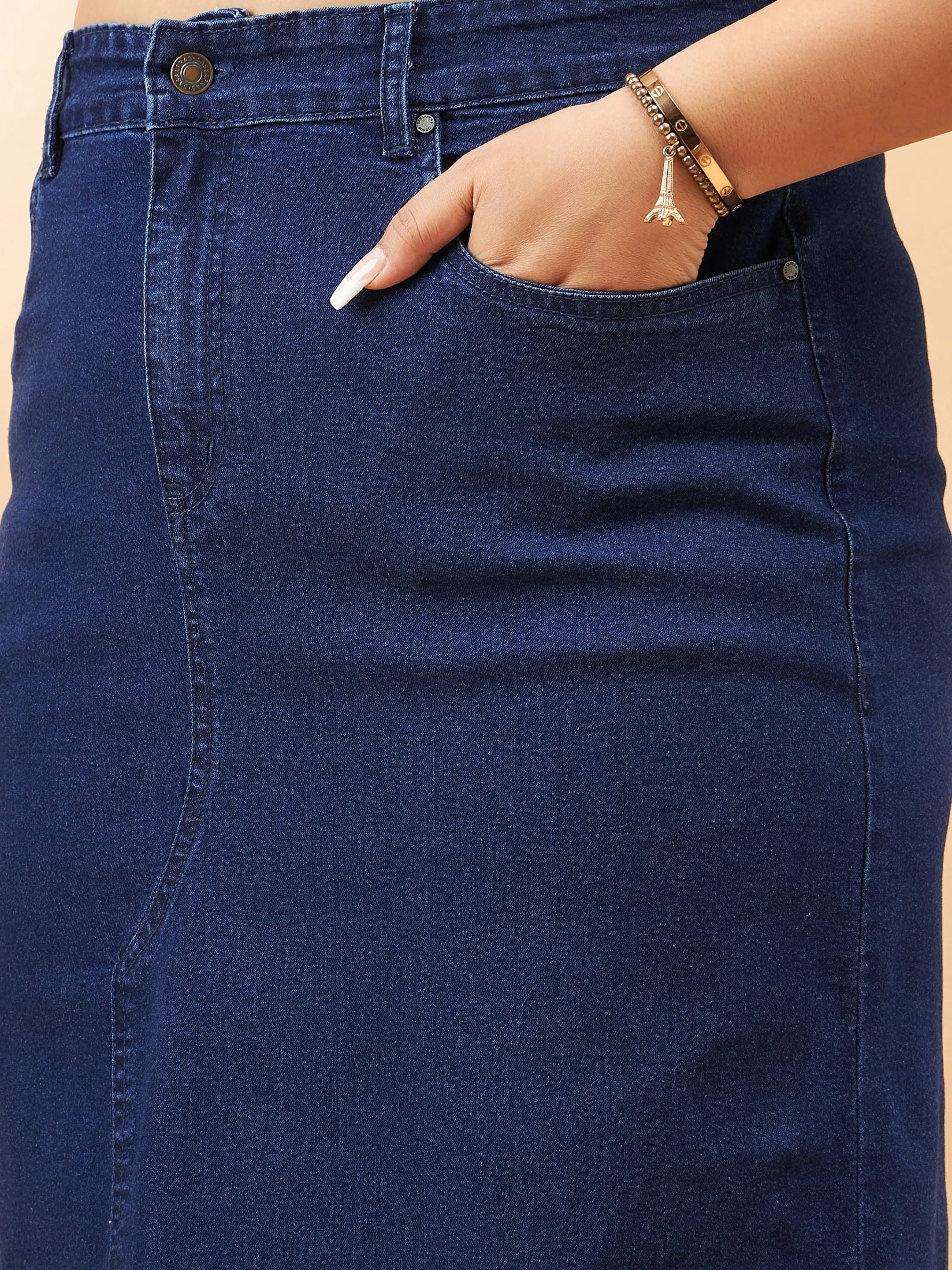 Navy Denim Acid Wash A-Line Skirt for Women