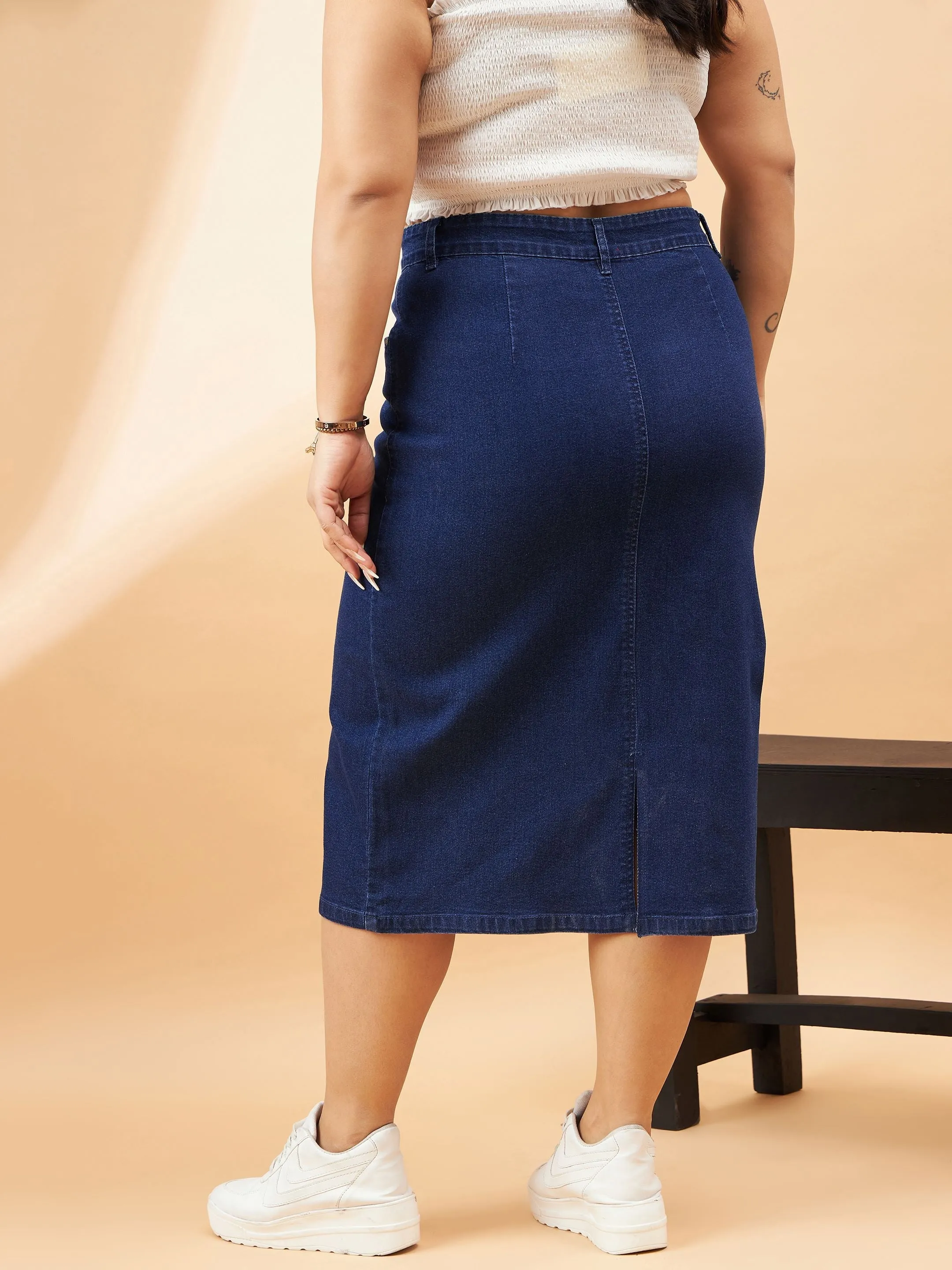 Navy Denim Acid Wash A-Line Skirt for Women