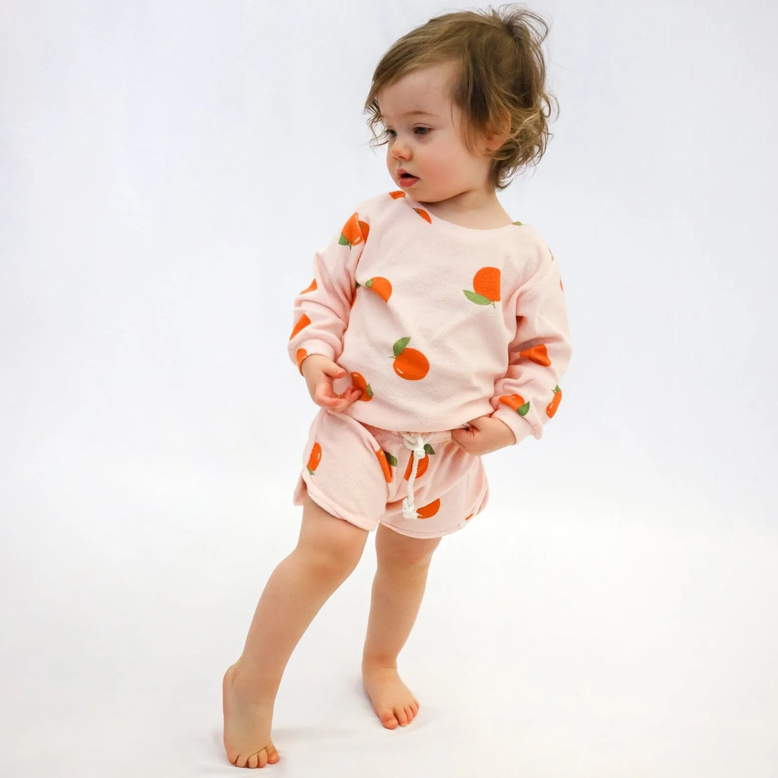 Cotton Terry Drawstring Track Shorts - Oranges Print - Pale Pink - Baby Clothing