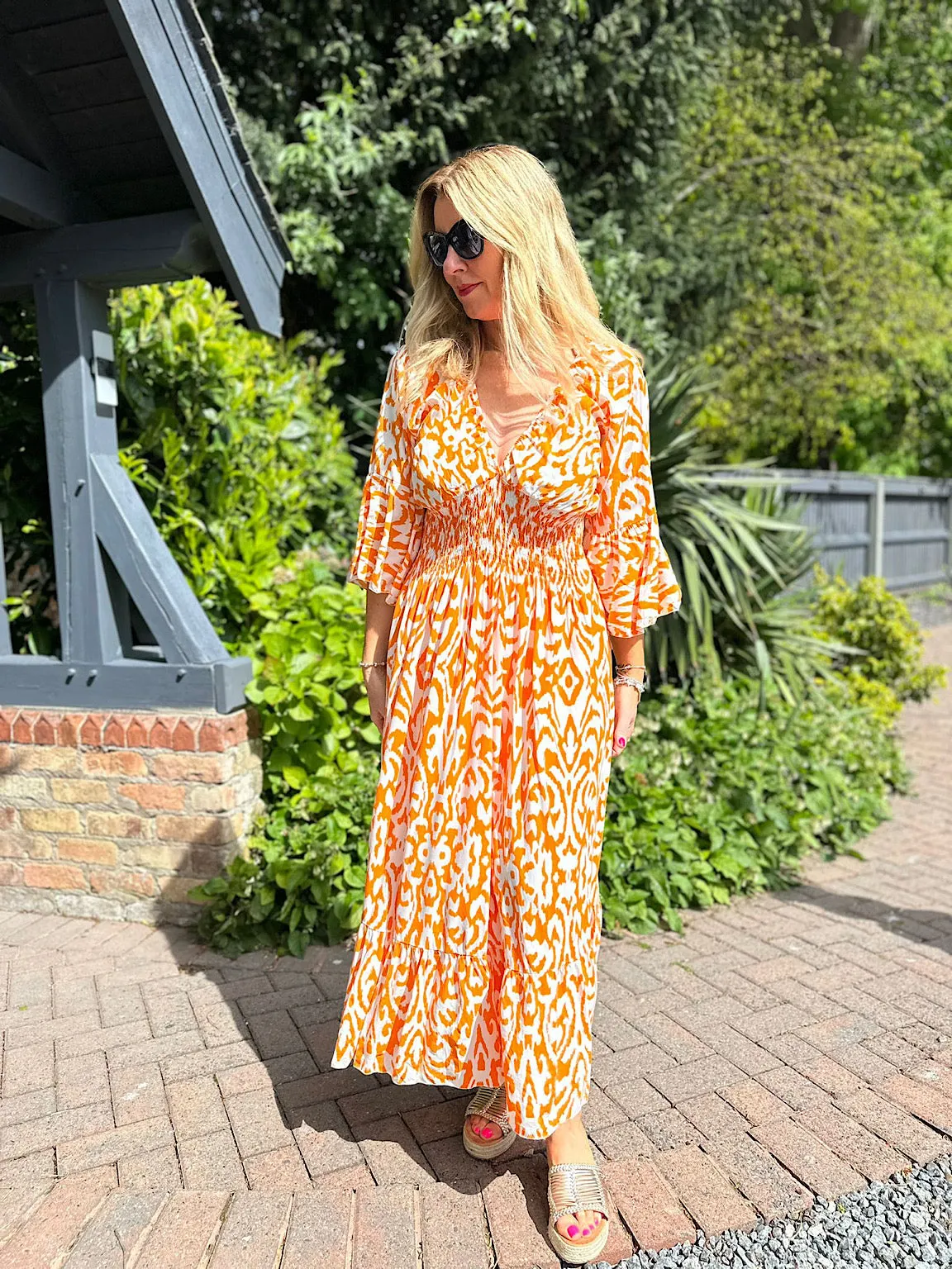 Floral Print Orange Maxi Dress with Flared Sleeves - Megan