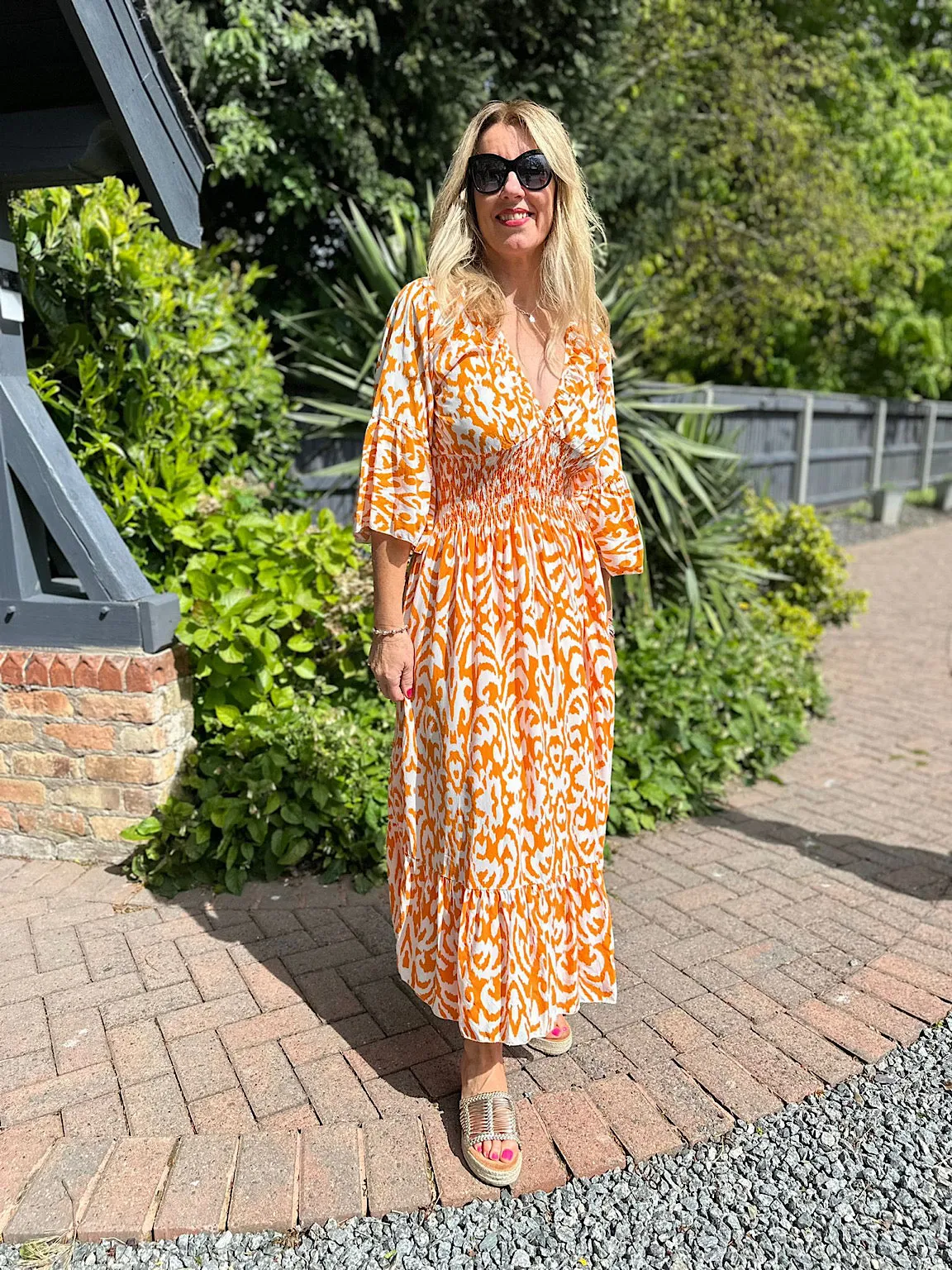 Floral Print Orange Maxi Dress with Flared Sleeves - Megan