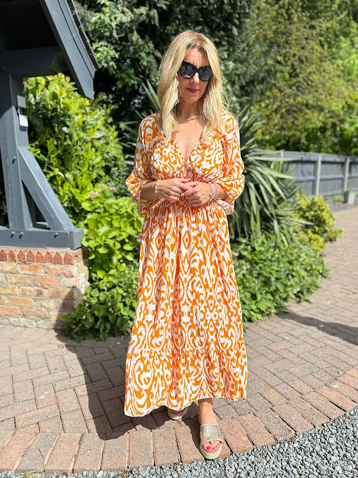 Floral Print Orange Maxi Dress with Flared Sleeves - Megan