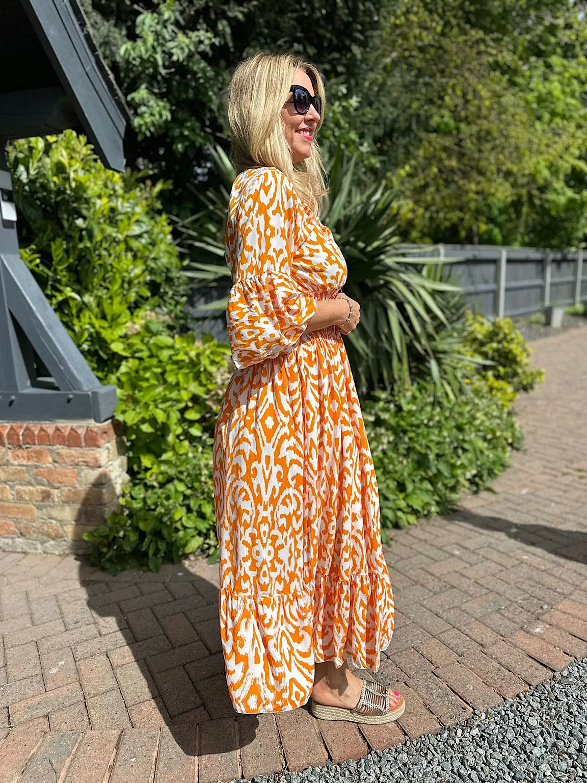 Floral Print Orange Maxi Dress with Flared Sleeves - Megan