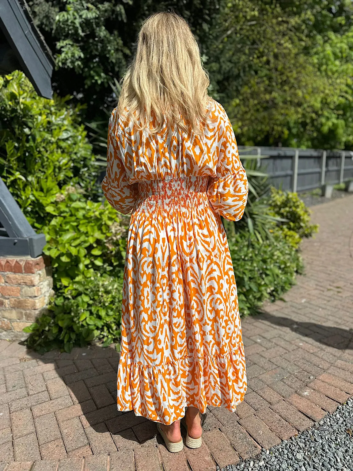 Floral Print Orange Maxi Dress with Flared Sleeves - Megan