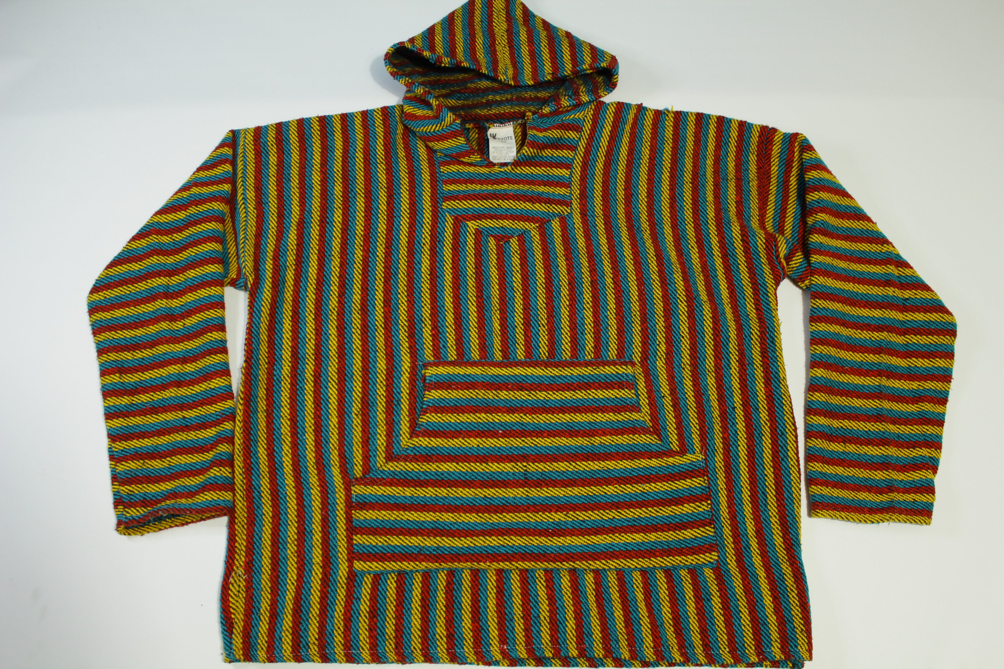 Peyote Mexican Drug Rug Pullover in Vintage Baja Sweater Style with Poncho Hoodie