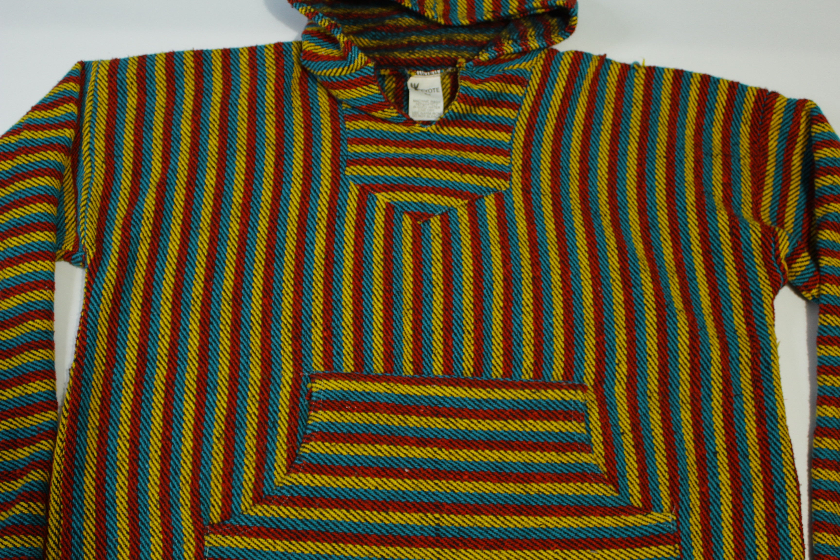 Peyote Mexican Drug Rug Pullover in Vintage Baja Sweater Style with Poncho Hoodie