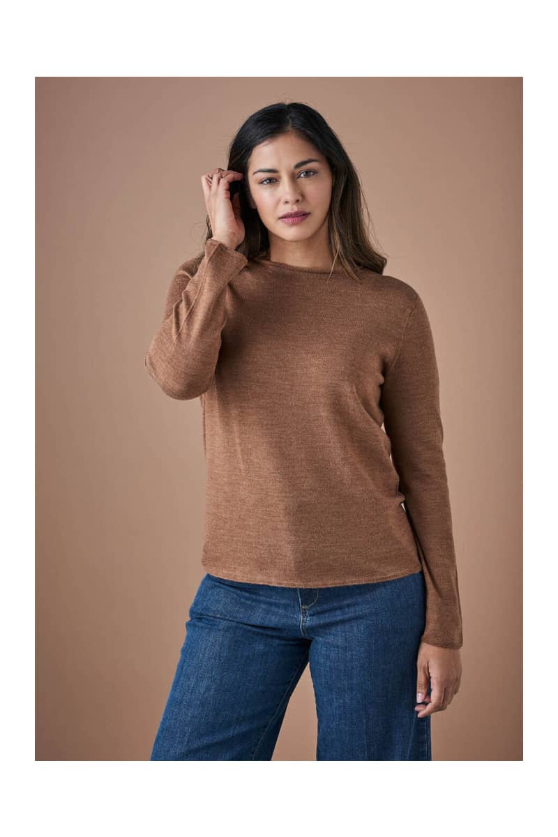 Phoebe crew neck jersey top in gingerbread color by Uimi.