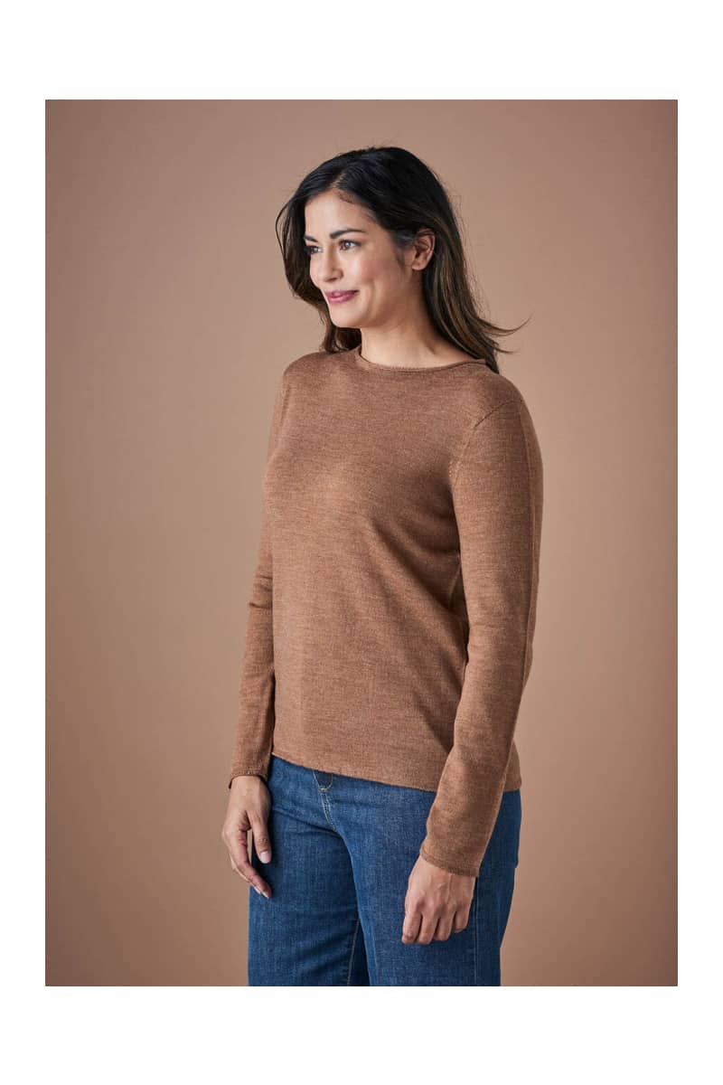 Phoebe crew neck jersey top in gingerbread color by Uimi.