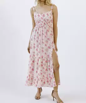 Pink Floral Sleeveless Dress with Slit - Floral Print