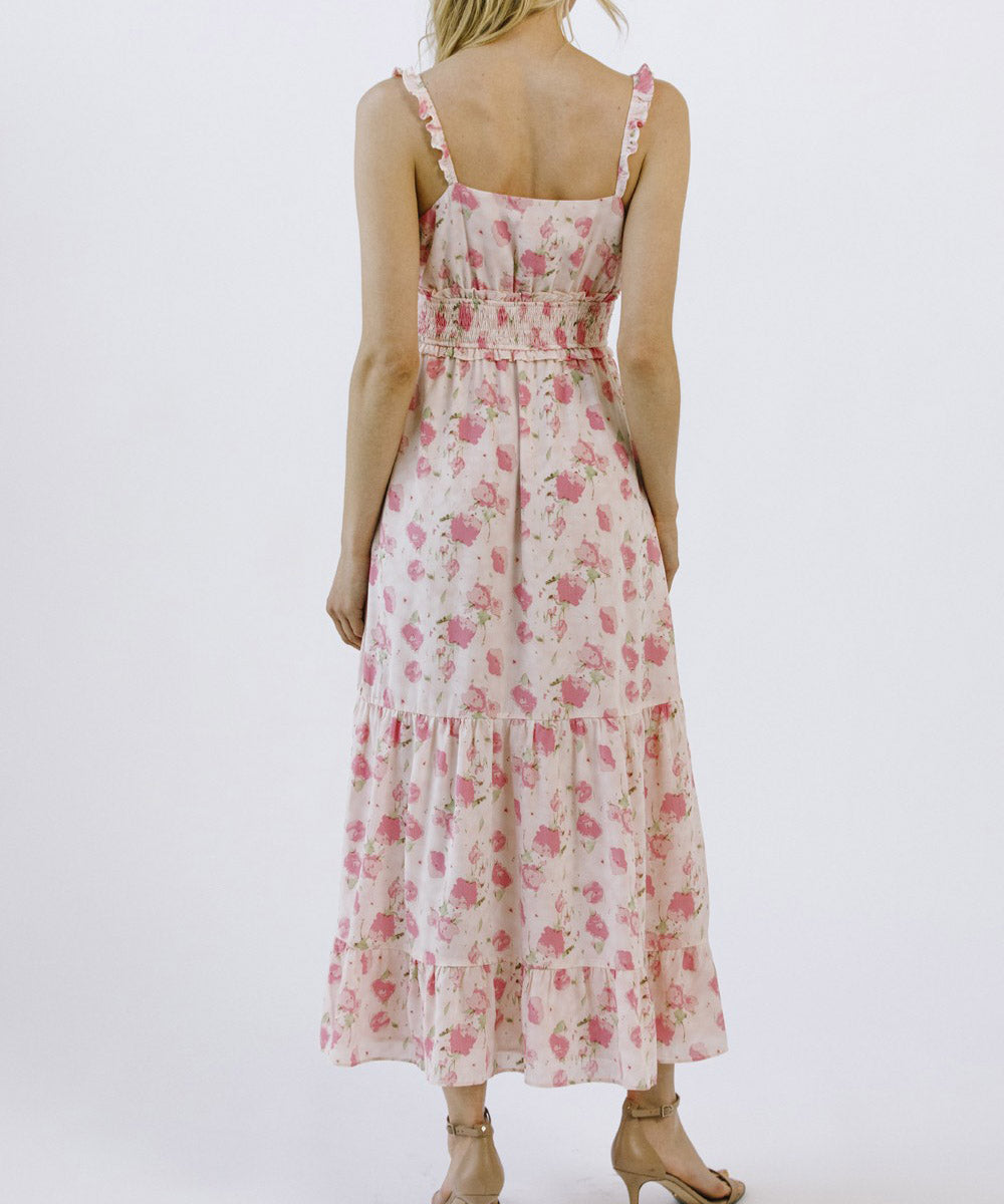 Pink Floral Sleeveless Dress with Slit - Floral Print