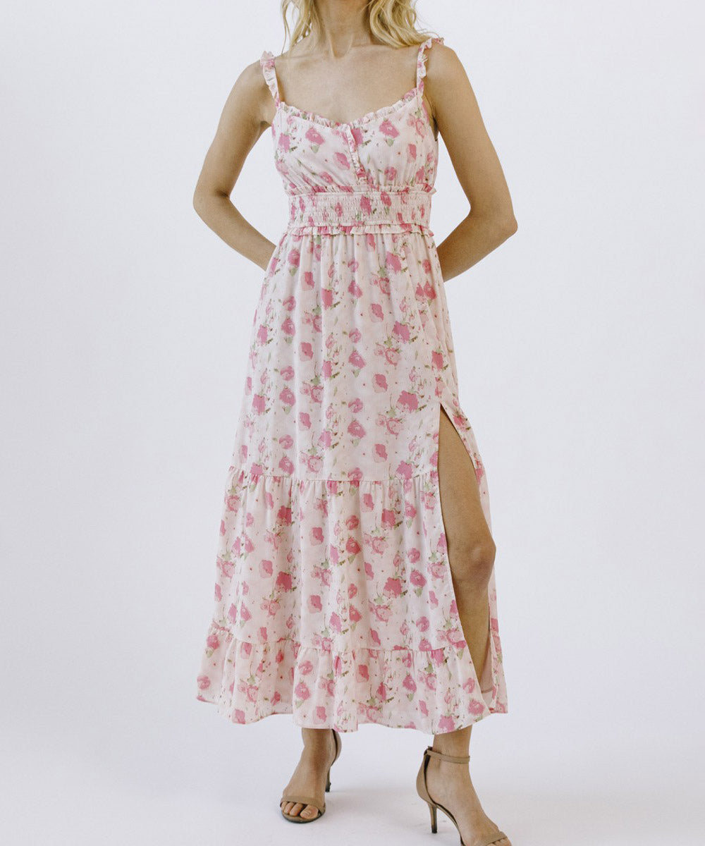 Pink Floral Sleeveless Dress with Slit - Floral Print