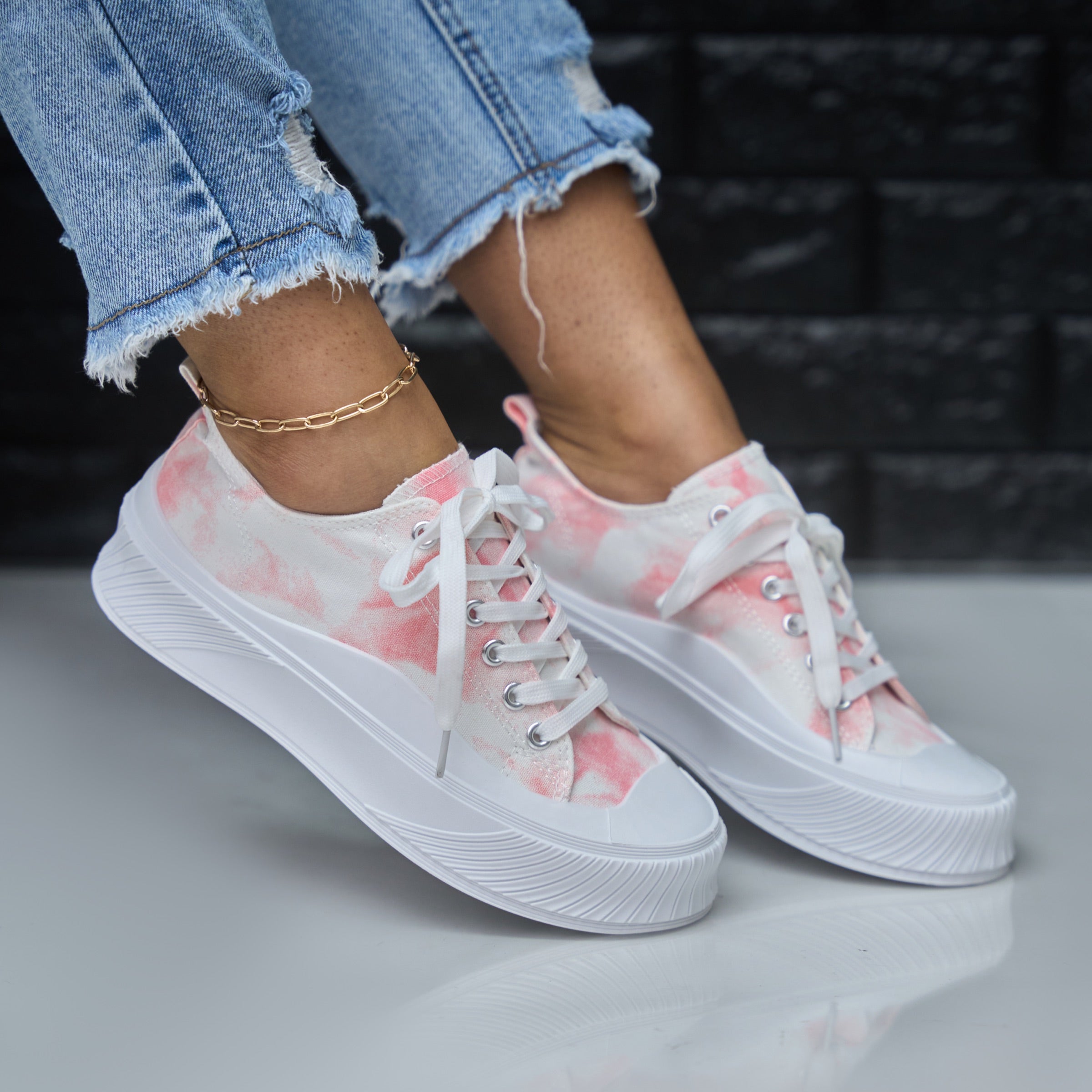 pink tie dye lace up sneaker - okra: trendy pink tie dye lace up sneaker in vibrant okra color