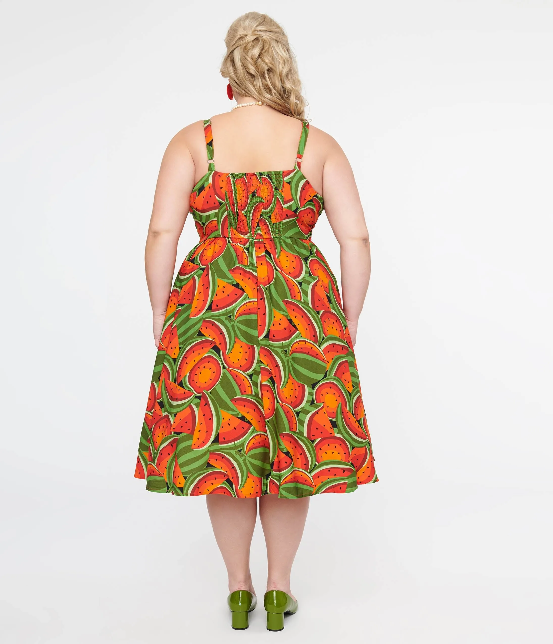 Plus Size 1950s Watermelon Print Fit and Flare Dress in Red and Green